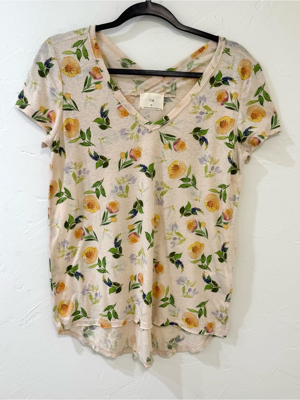 T.La Cream V-Neck Short Sleeve Top with Yellow Floral Print